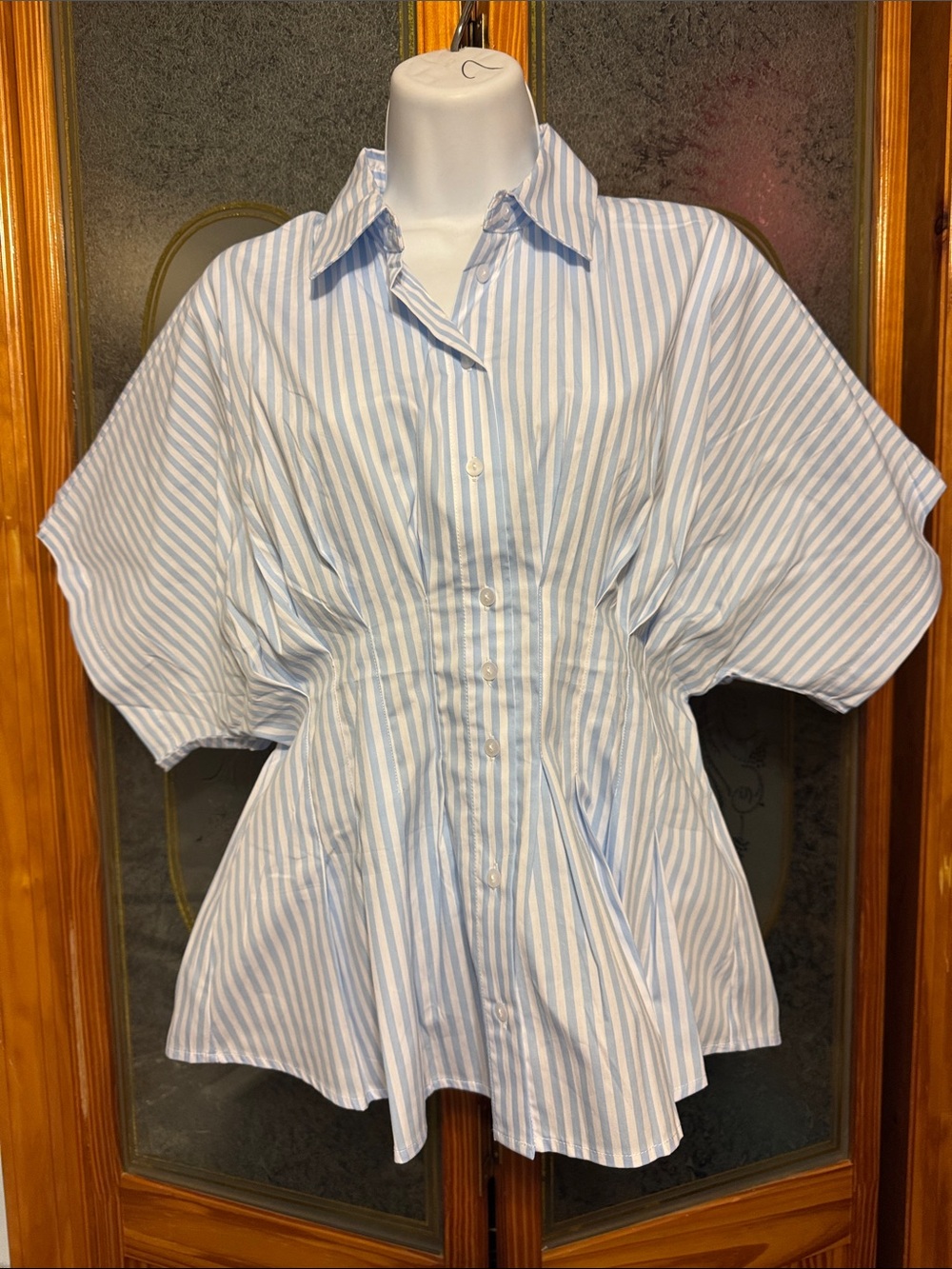 Light Blue & White Striped Button-Front Peplum Top